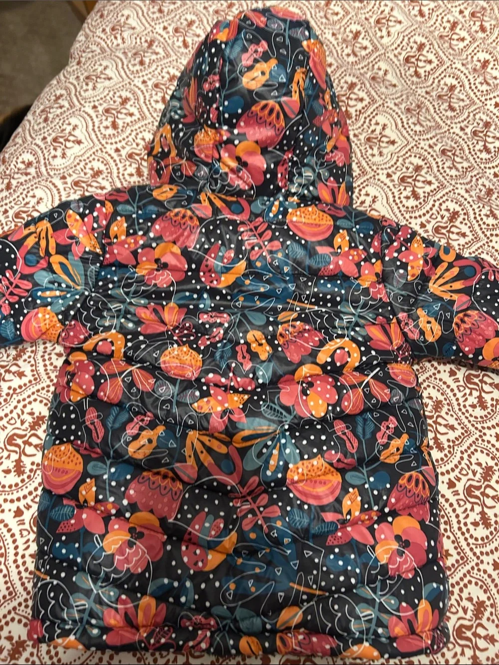 Boboli Girls' Floral Hooded Puffer Jacket - Navy with Orange & Pink Accents